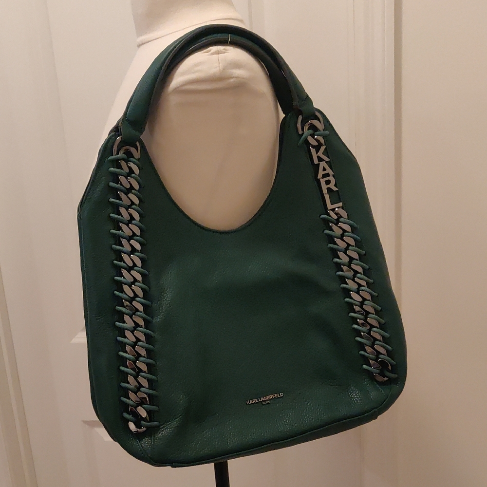 Karl Lagerfeld Hunter Green Tote Hobo Bag Paris Unisex Gael Gaelle Leather Vntg
